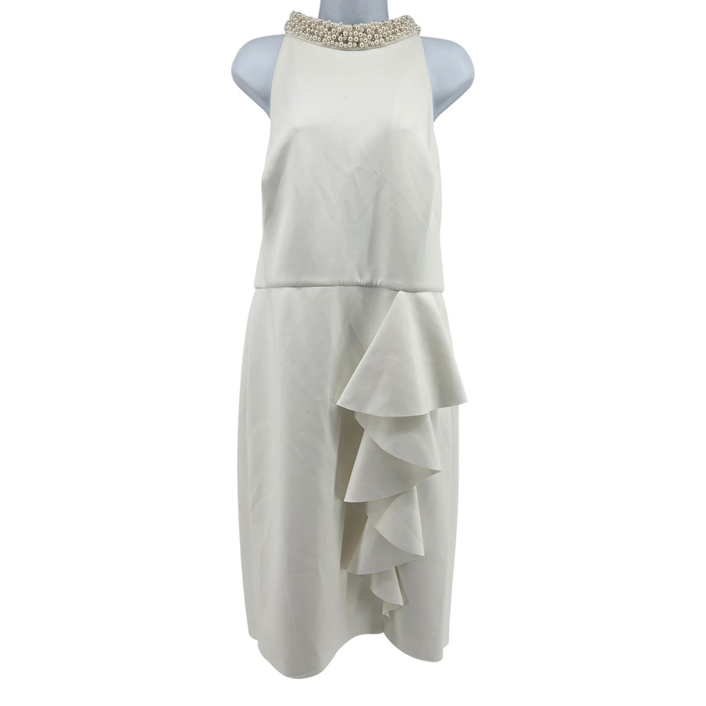 Eliza J Ivory Pearly Beaded Mock Halter Sheath Dress 16 Ruffle - Picture 2 of 10